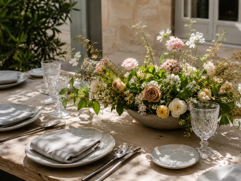 Mesa posta com arranjo de flores